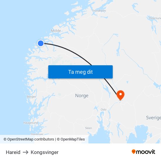 Hareid to Kongsvinger map
