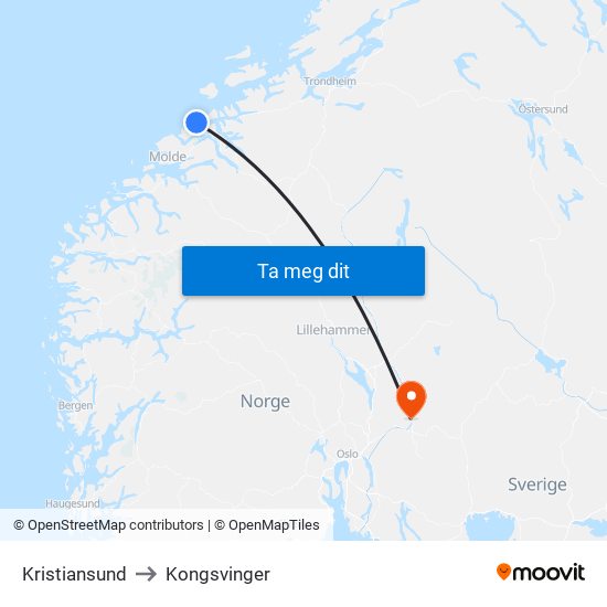 Kristiansund to Kongsvinger map