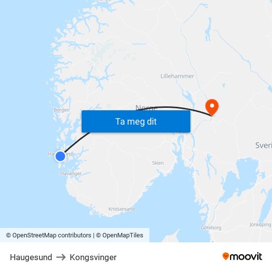 Haugesund to Kongsvinger map