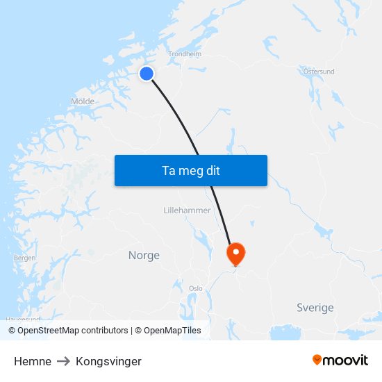 Hemne to Kongsvinger map