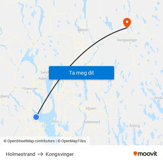 Holmestrand to Kongsvinger map