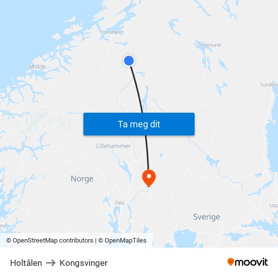 Holtålen to Kongsvinger map