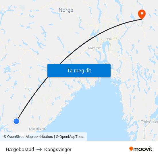 Hægebostad to Kongsvinger map