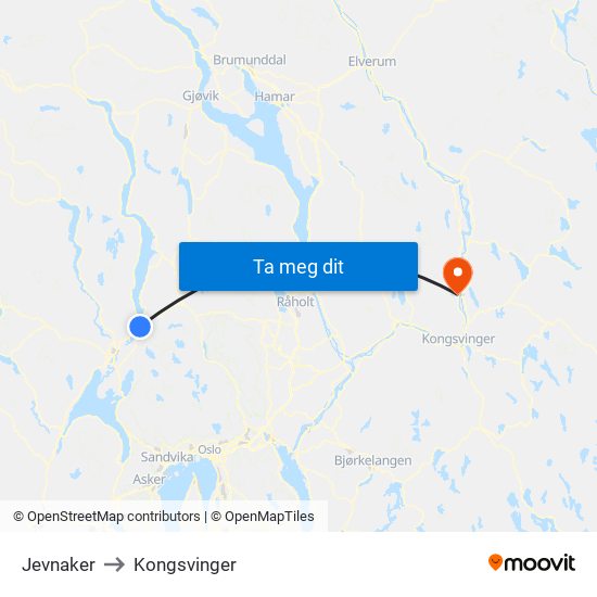 Jevnaker to Kongsvinger map