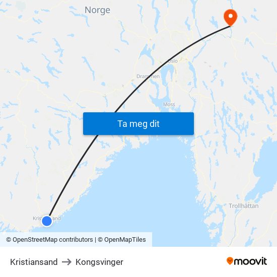 Kristiansand to Kongsvinger map