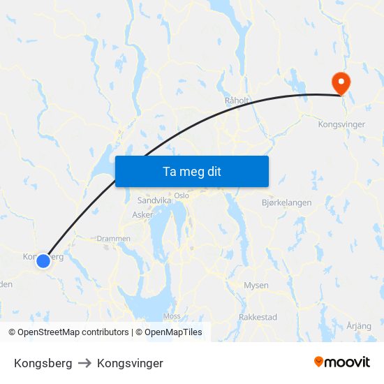 Kongsberg to Kongsvinger map