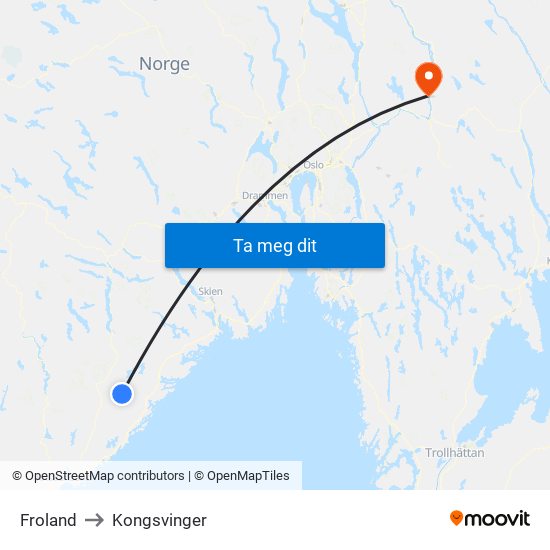 Froland to Kongsvinger map