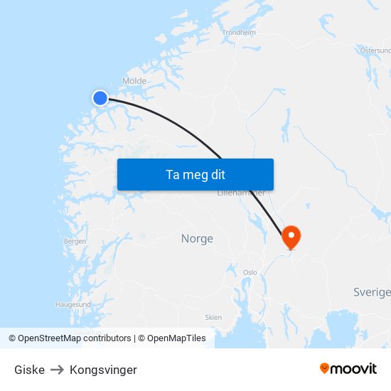Giske to Kongsvinger map