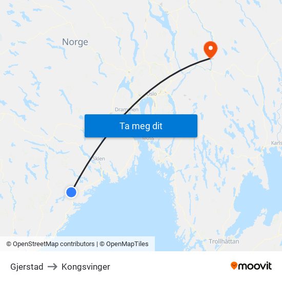 Gjerstad to Kongsvinger map