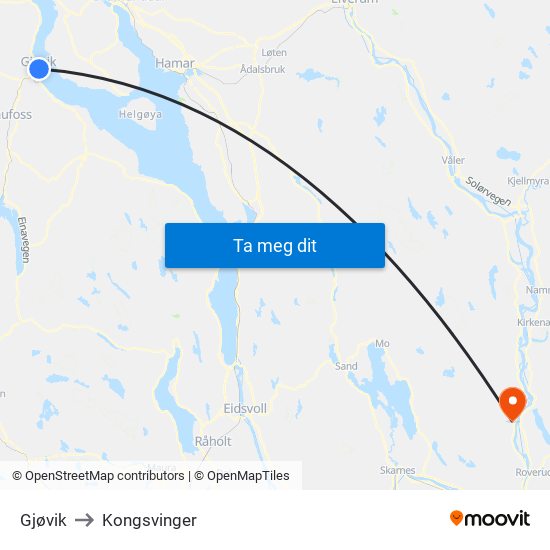 Gjøvik to Kongsvinger map
