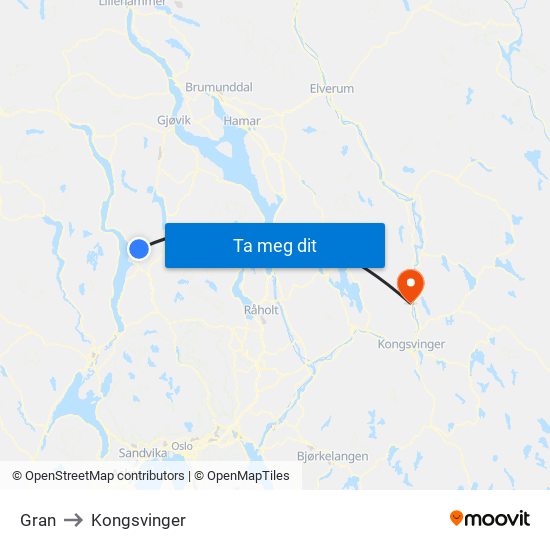 Gran to Kongsvinger map