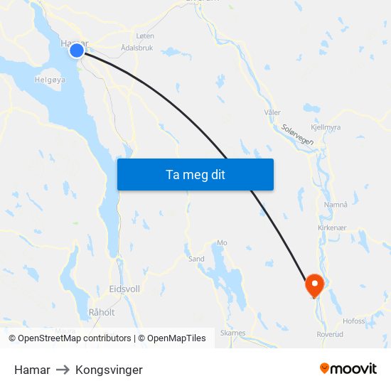 Hamar to Kongsvinger map