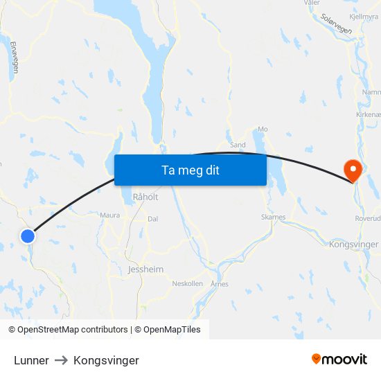 Lunner to Kongsvinger map