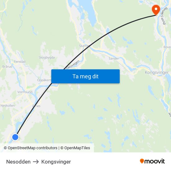 Nesodden to Kongsvinger map