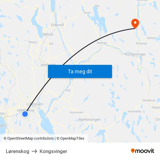 Lørenskog to Kongsvinger map