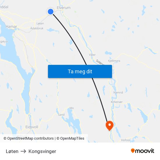 Løten to Kongsvinger map