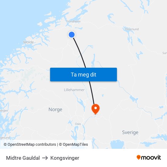 Midtre Gauldal to Kongsvinger map