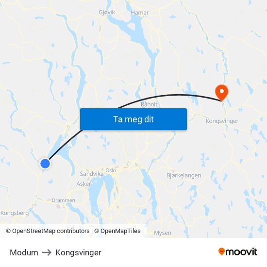 Modum to Kongsvinger map
