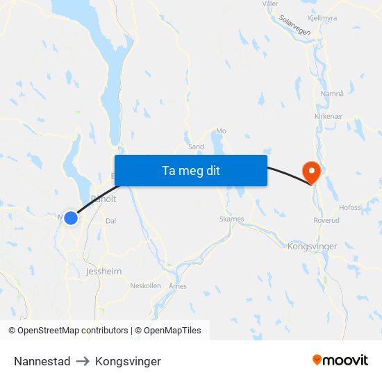 Nannestad to Kongsvinger map