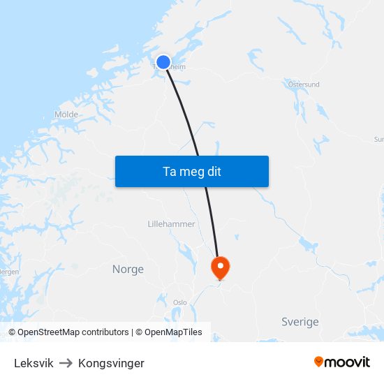 Leksvik to Kongsvinger map