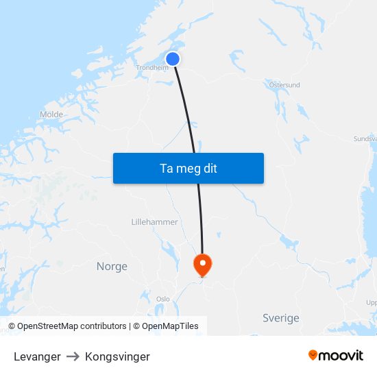 Levanger to Kongsvinger map