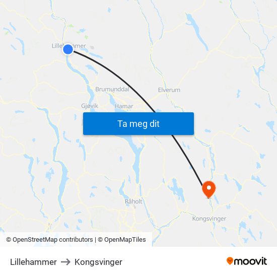 Lillehammer to Kongsvinger map