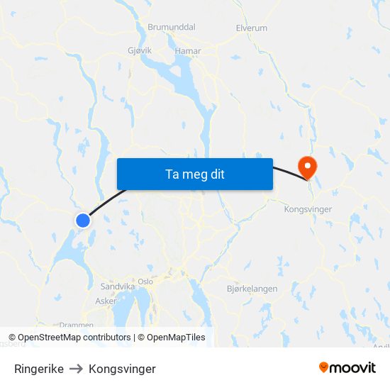 Ringerike to Kongsvinger map