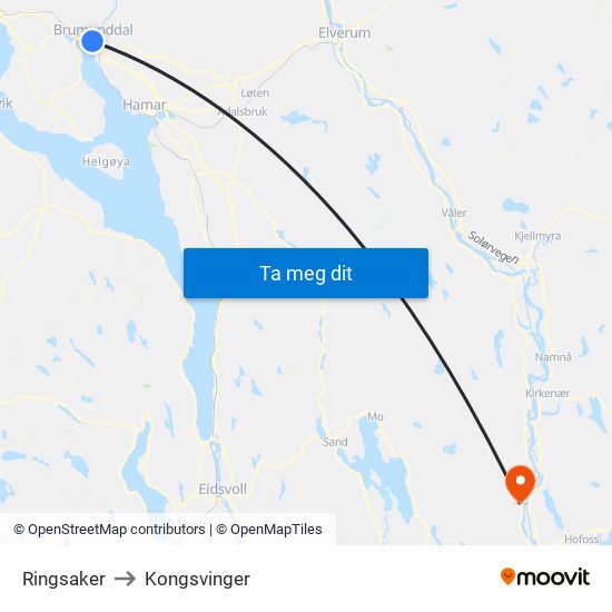 Ringsaker to Kongsvinger map