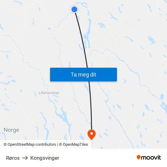 Røros to Kongsvinger map