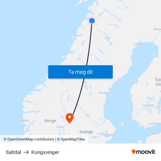 Saltdal to Kongsvinger map