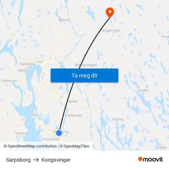 Sarpsborg to Kongsvinger map