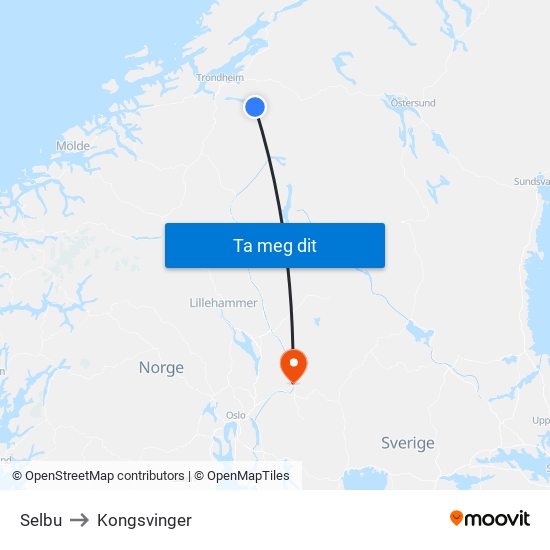 Selbu to Kongsvinger map