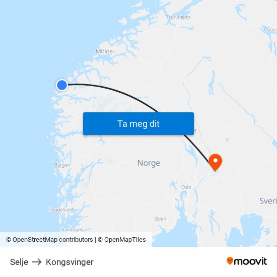 Selje to Kongsvinger map