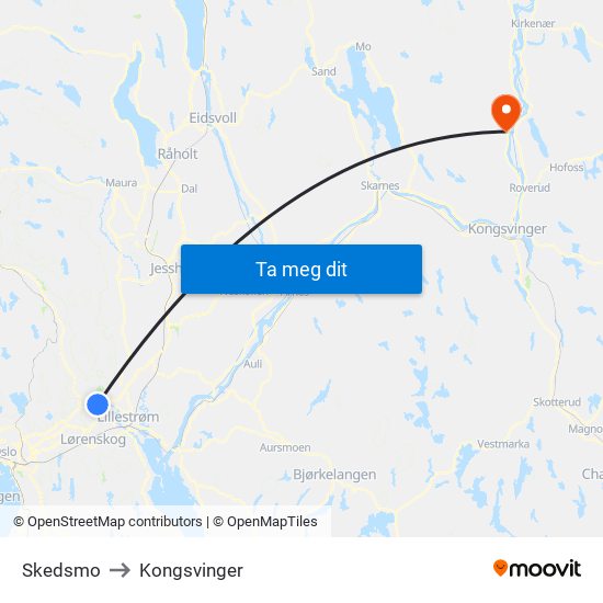 Skedsmo to Kongsvinger map