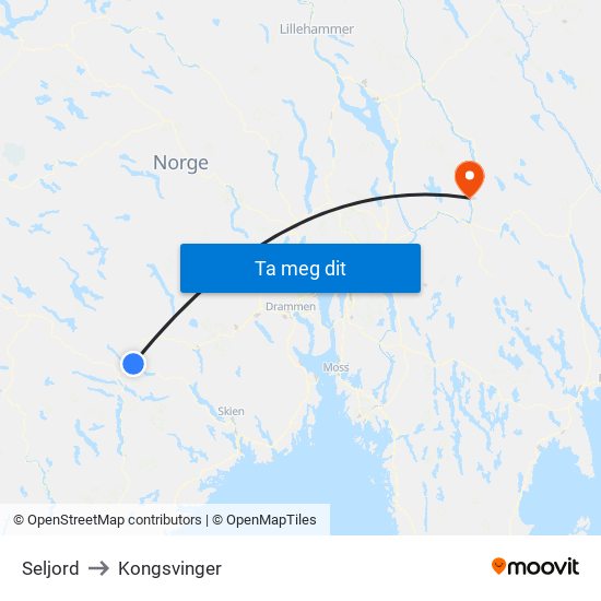 Seljord to Kongsvinger map