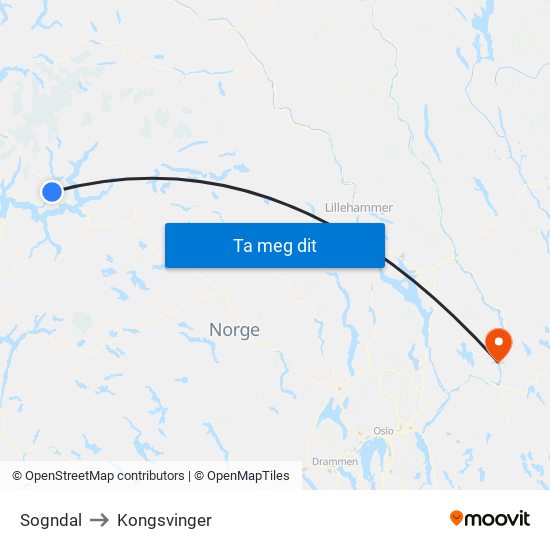 Sogndal to Kongsvinger map