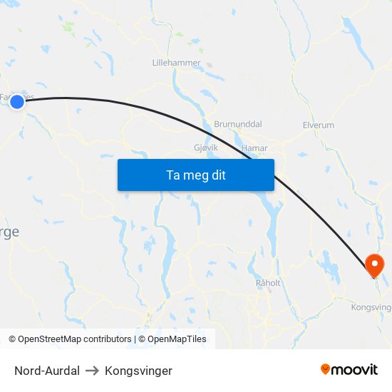 Nord-Aurdal to Kongsvinger map