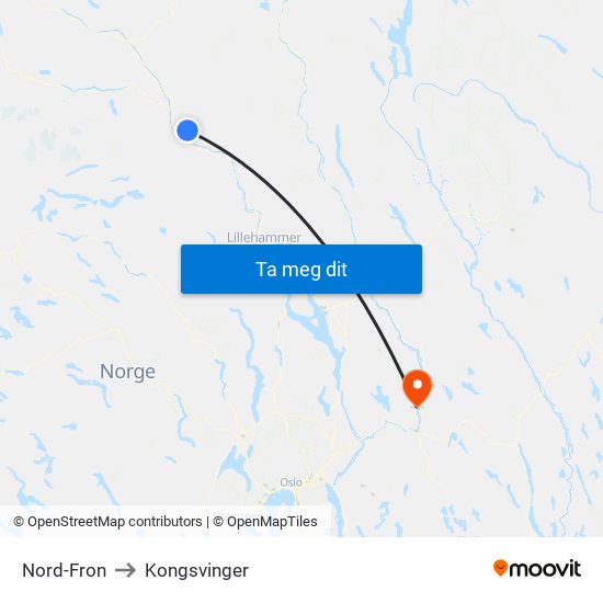 Nord-Fron to Kongsvinger map