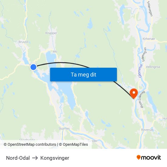 Nord-Odal to Kongsvinger map