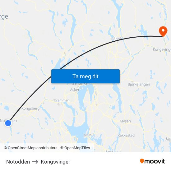 Notodden to Kongsvinger map