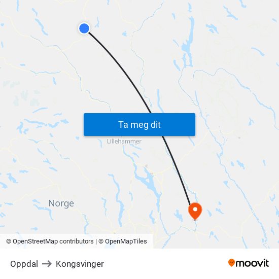 Oppdal to Kongsvinger map