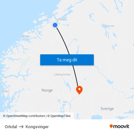 Orkdal to Kongsvinger map