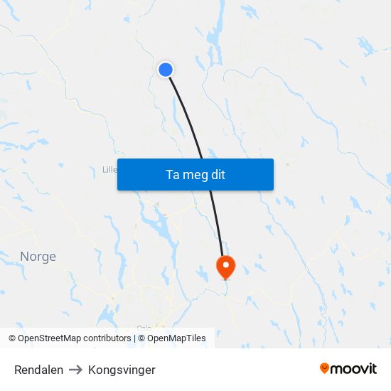 Rendalen to Kongsvinger map