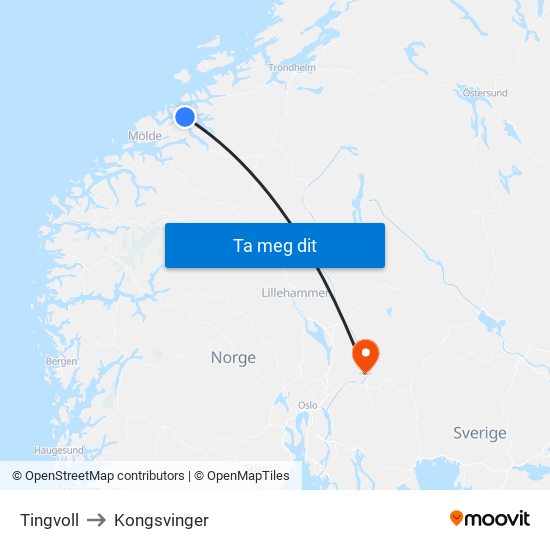 Tingvoll to Kongsvinger map