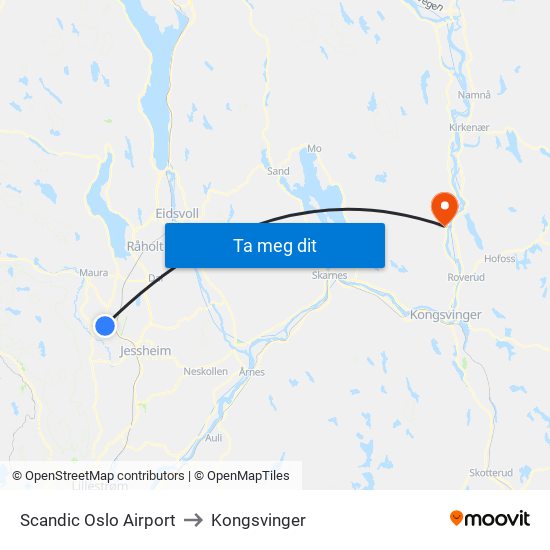 Scandic Oslo Airport to Kongsvinger map