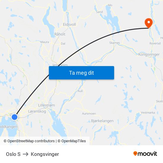 Oslo S to Kongsvinger map