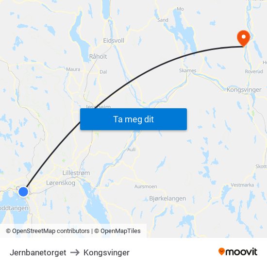 Jernbanetorget to Kongsvinger map