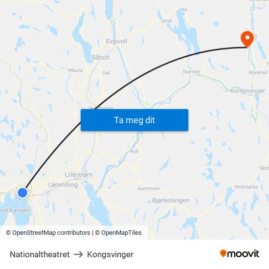 Nationaltheatret to Kongsvinger map