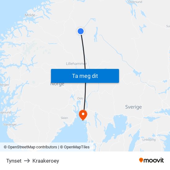 Tynset to Kraakeroey map