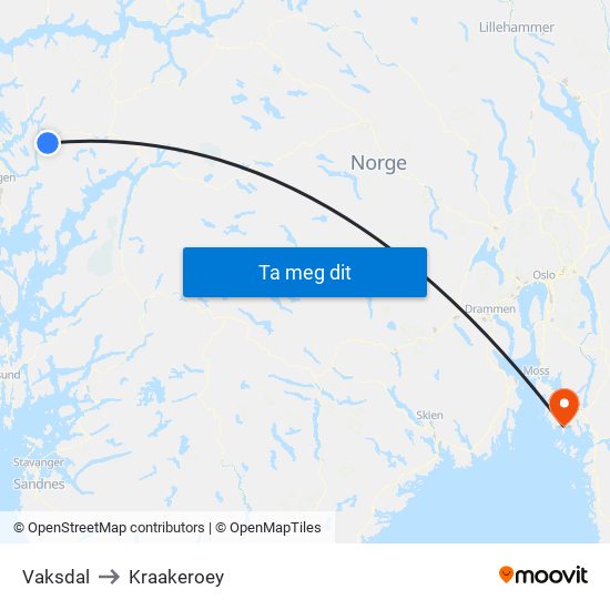 Vaksdal to Kraakeroey map